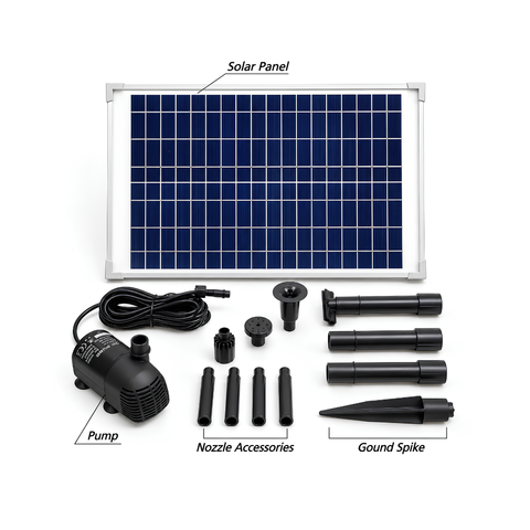Waterhouse Solar Pond and Fountain Pump Kit 1400L/H with 25W solar panel, 18V 10W submersible fountain pump, two interchangeable fountain nozzles and extension pipes for garden ponds and outdoor water features.