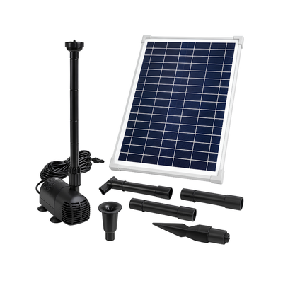 Waterhouse Solar Pond and Fountain Pump Kit 1400L/H with 25W solar panel, 18V 10W submersible fountain pump, two interchangeable fountain nozzles and extension pipes for garden ponds and outdoor water features.