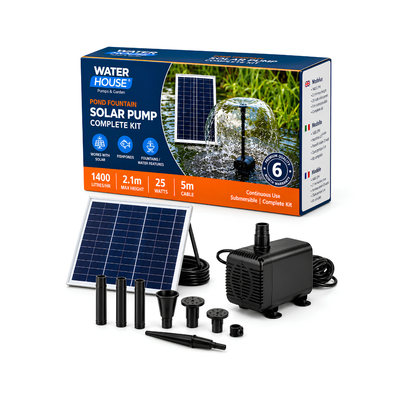 Waterhouse Solar Pond and Fountain Pump Kit 1400L/H with 25W solar panel, 18V 10W submersible fountain pump, two interchangeable fountain nozzles and extension pipes for garden ponds and outdoor water features.