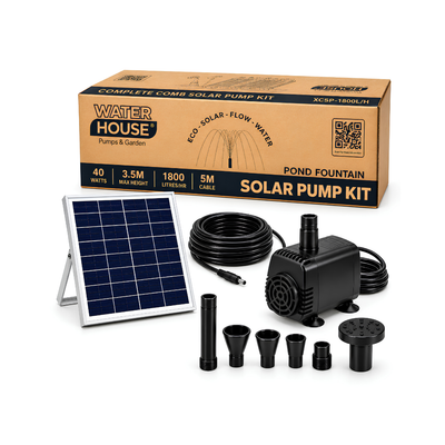 Waterhouse Solar Pond and Fountain Pump Kit 1800L/H with 40W solar panel, 18V 20W submersible fountain pump, three interchangeable fountain nozzles and extension pipes for garden ponds and outdoor water features.