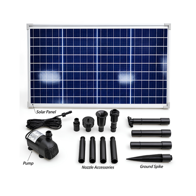Waterhouse Solar Pond and Fountain Pump Kit 1800L/H with 40W solar panel, 18V 20W submersible fountain pump, three interchangeable fountain nozzles and extension pipes for garden ponds and outdoor water features.