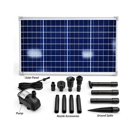 Waterhouse Solar Pond and Fountain Pump Kit 1800L/H with 40W solar panel, 18V 20W submersible fountain pump, three interchangeable fountain nozzles and extension pipes for garden ponds and outdoor water features.
