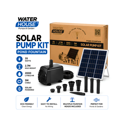 Waterhouse Solar Pond and Fountain Pump Kit 2000L/H with 35W solar panel, 18V 17W submersible fountain pump, adjustable water flow, dry run protection and two interchangeable fountain nozzles for garden ponds and outdoor water features.