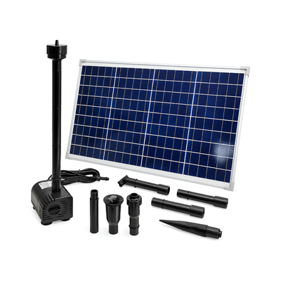 Waterhouse Solar Pond and Fountain Pump Kit 2000L/H with 35W solar panel, 18V 17W submersible fountain pump, adjustable water flow, dry run protection and two interchangeable fountain nozzles for garden ponds and outdoor water features.