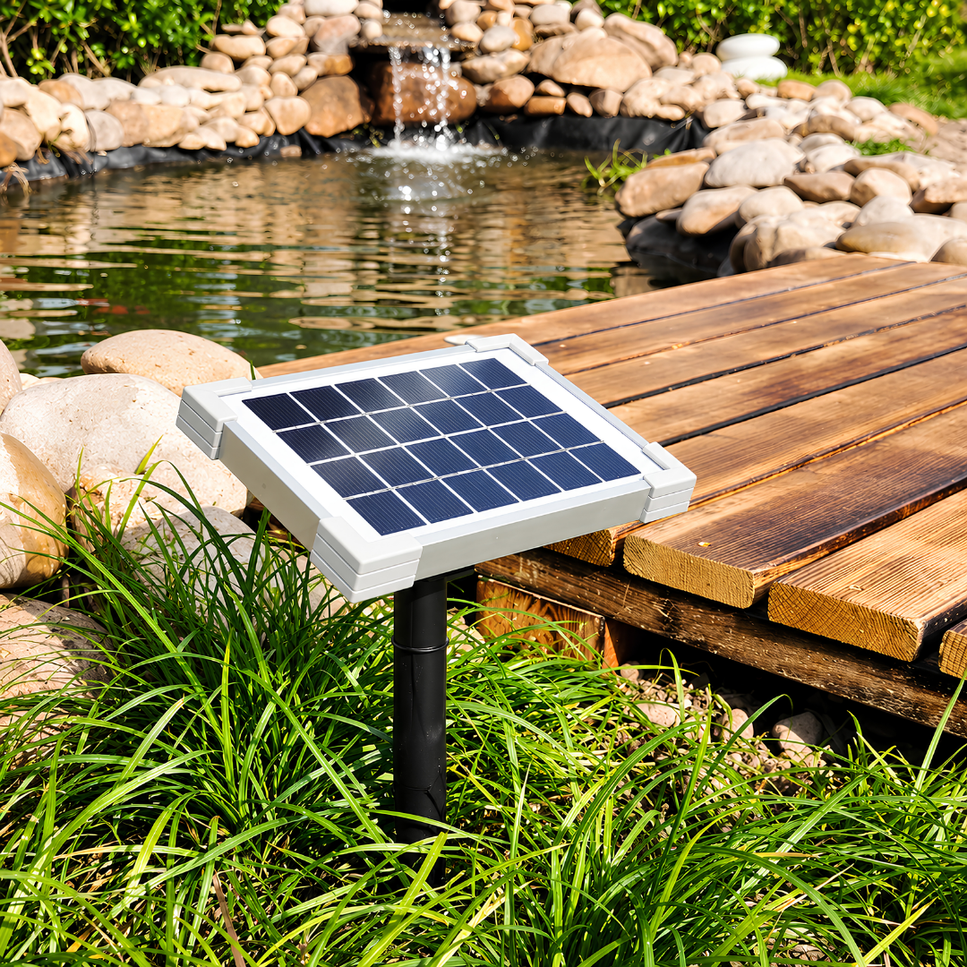 Waterhouse Solar Pond and Fountain Pump Kit 200L/H with 2.5W solar panel, 6V submersible water pump, adjustable flow, fountain nozzles and mounting accessories for small garden ponds and water features.