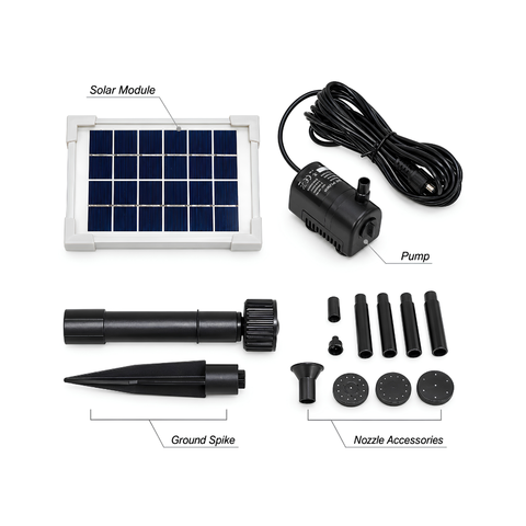 Waterhouse Solar Pond and Fountain Pump Kit 200L/H with 2.5W solar panel, 6V submersible water pump, adjustable flow, fountain nozzles and mounting accessories for small garden ponds and water features.