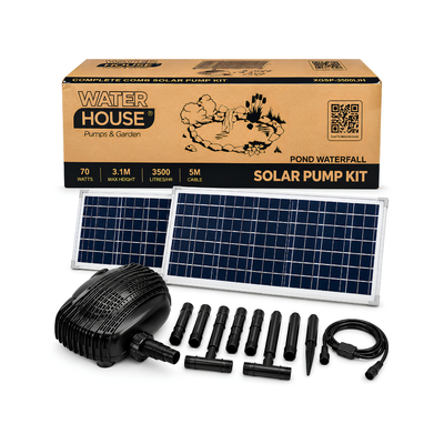 Waterhouse Solar Pond and Fountain Pump Kit 3500L/H with two 35W solar panels providing 70W total solar power, 18V 32W submersible water pump, 5m cable and ground spikes for garden ponds, fountains and outdoor water features.