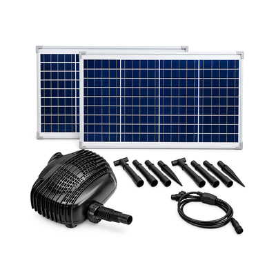 Waterhouse Solar Pond and Fountain Pump Kit 3500L/H with two 35W solar panels providing 70W total solar power, 18V 32W submersible water pump, 5m cable and ground spikes for garden ponds, fountains and outdoor water features.
