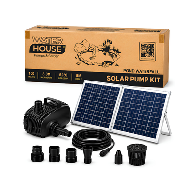 Waterhouse Solar Pond and Fountain Pump Kit 5200L/H with two 50W solar panels providing 100W total solar power, 18V 50W submersible water pump, 5m cable and ground spikes for garden ponds, spray fountains and outdoor water features.