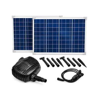 Waterhouse Solar Pond and Fountain Pump Kit 5200L/H with two 50W solar panels providing 100W total solar power, 18V 50W submersible water pump, 5m cable and ground spikes for garden ponds, spray fountains and outdoor water features.