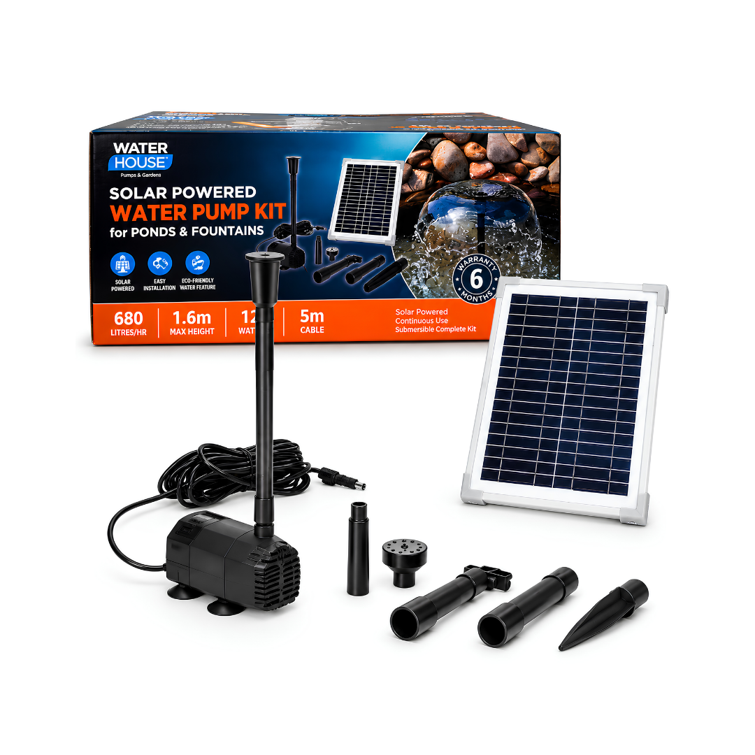 Waterhouse Solar Pond and Fountain Pump Kit 680L/H with 12W solar panel, 18V submersible fountain pump, adjustable water flow, interchangeable fountain nozzles and mounting accessories for garden ponds and outdoor water features.