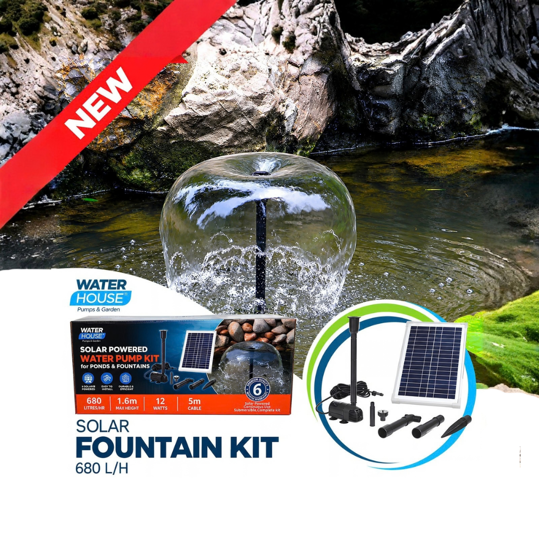 Waterhouse Solar Pond and Fountain Pump Kit 680L/H with 12W solar panel, 18V submersible fountain pump, adjustable water flow, interchangeable fountain nozzles and mounting accessories for garden ponds and outdoor water features.