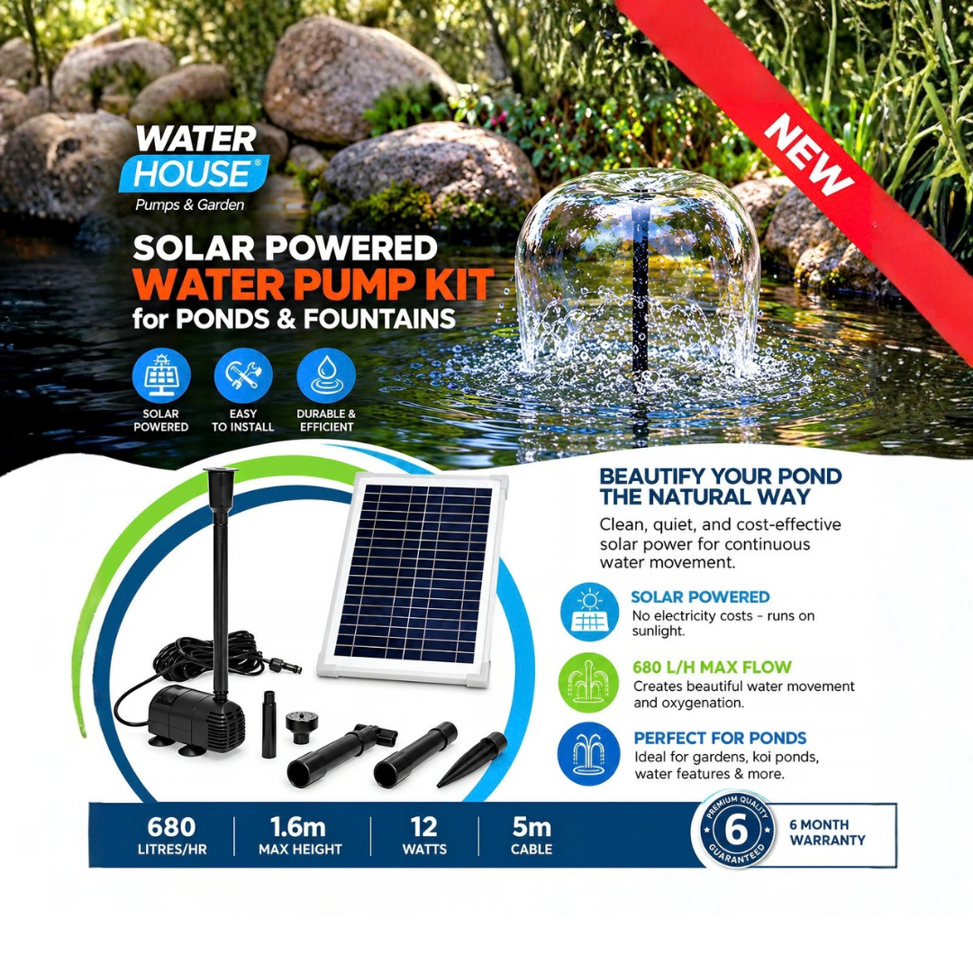 Waterhouse Solar Pond and Fountain Pump Kit 680L/H with 12W solar panel, 18V submersible fountain pump, adjustable water flow, interchangeable fountain nozzles and mounting accessories for garden ponds and outdoor water features.