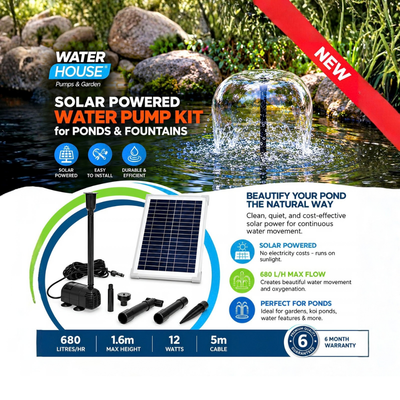 Waterhouse Solar Pond and Fountain Pump Kit 680L/H with 12W solar panel, 18V submersible fountain pump, adjustable water flow, interchangeable fountain nozzles and mounting accessories for garden ponds and outdoor water features.