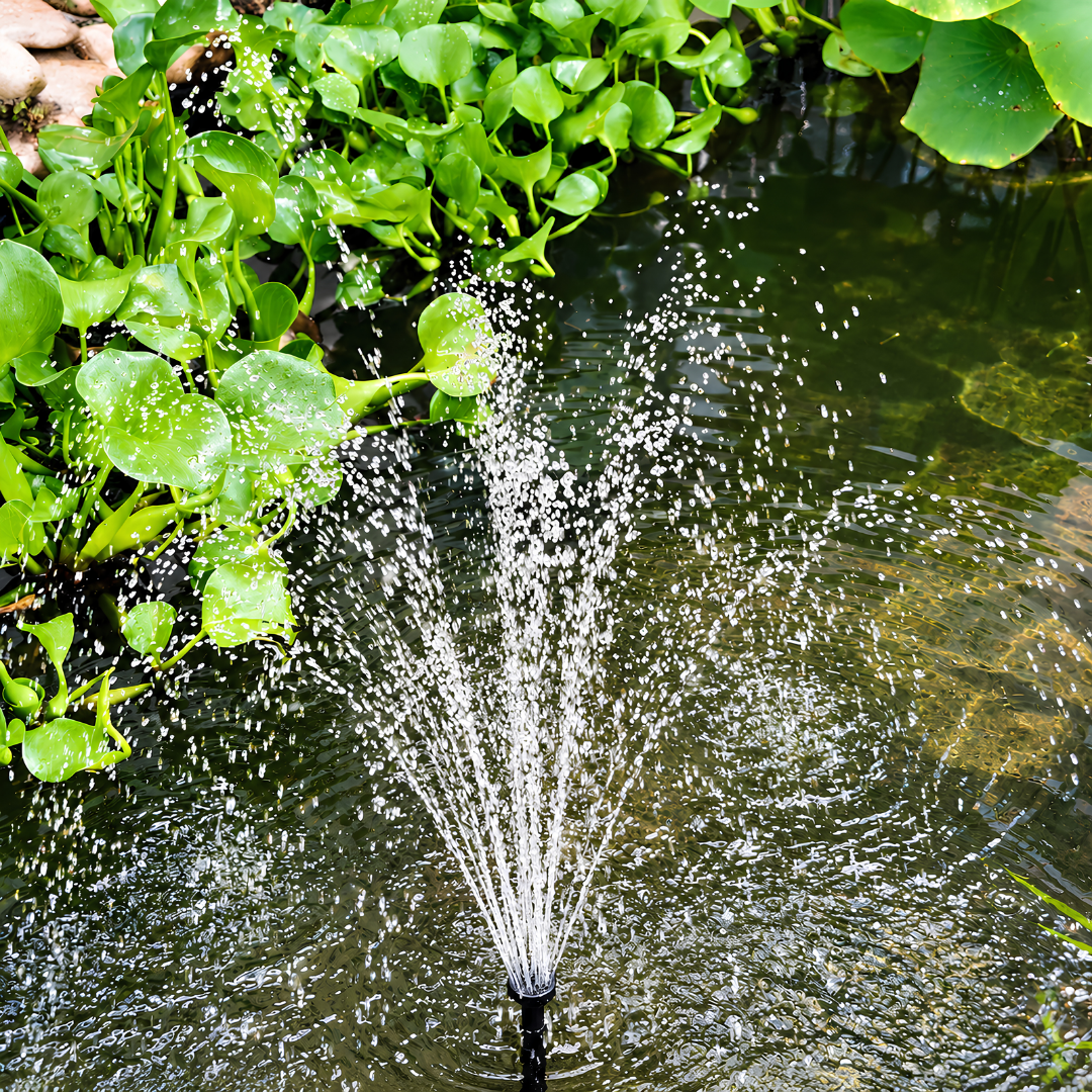 Waterhouse Solar Pond and Fountain Pump Kit 680L/H with 12W solar panel, 18V submersible fountain pump, adjustable water flow, interchangeable fountain nozzles and mounting accessories for garden ponds and outdoor water features.