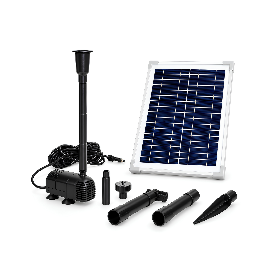 Waterhouse Solar Pond and Fountain Pump Kit 680L/H with 12W solar panel, 18V submersible fountain pump, adjustable water flow, interchangeable fountain nozzles and mounting accessories for garden ponds and outdoor water features.