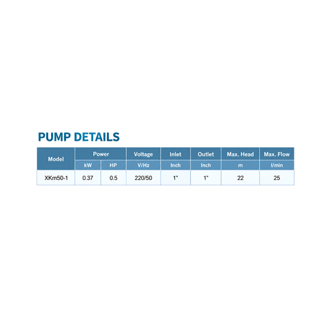 LEO XKM50 0.11kW single-phase peripheral water pump with brass impeller, 1380L/h maximum flow and 2.1 bar shut-off pressure