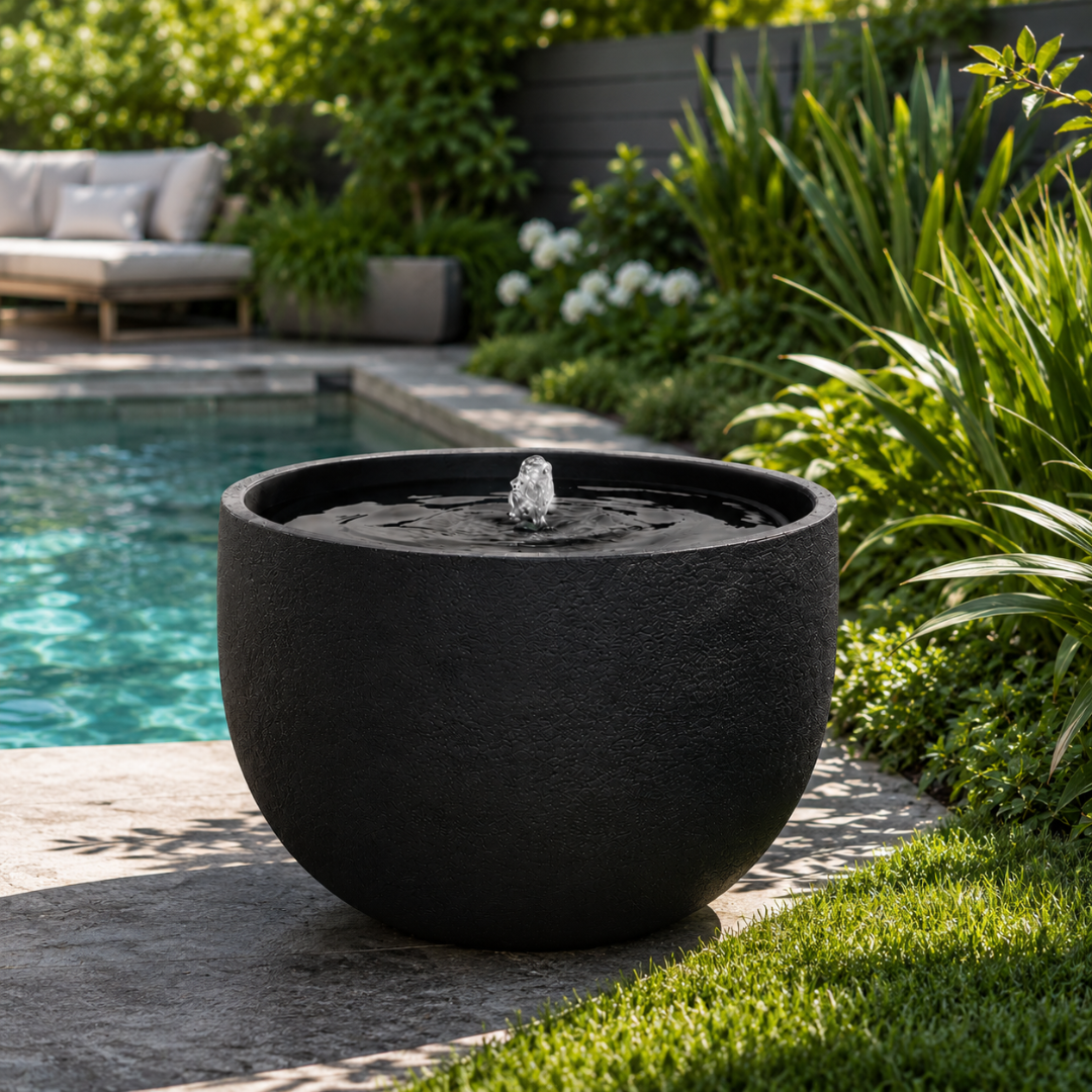 ZenSphere Fountain Bowl contemporary outdoor water feature for gardens, patios, courtyards and landscaped spaces