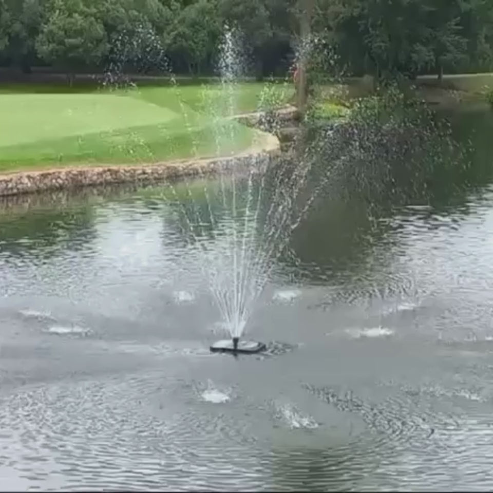 Load video: Waterhouse Smart Aerator Floating Fountain with included WH30000 submersible pump and interchangeable fountain spray heads, designed to improve water circulation and aeration in residential ponds, golf course dams, lakes and public park water features while creating decorative fountain displays.