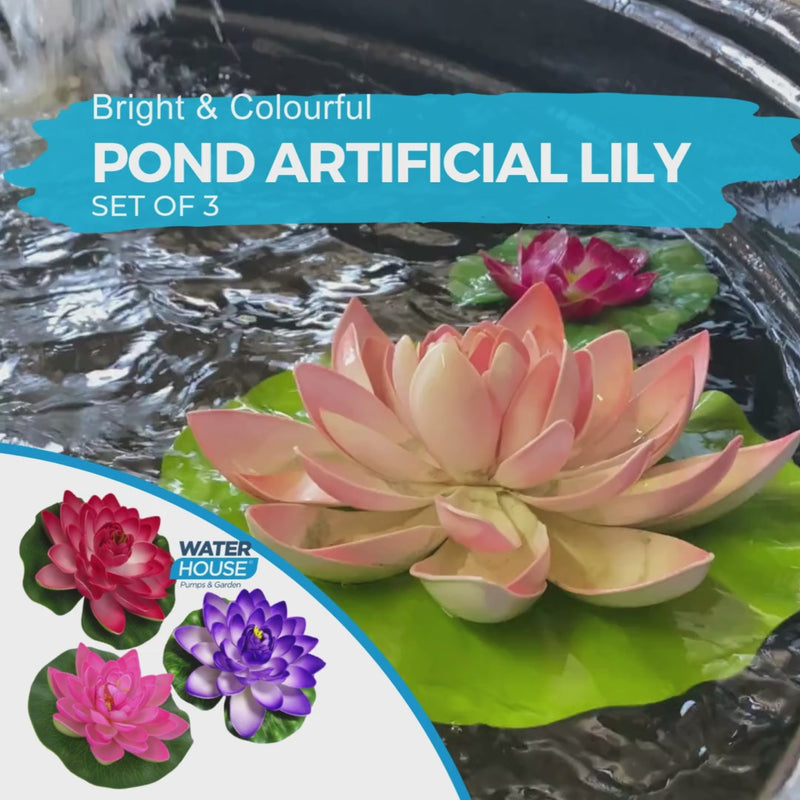 Artificial floating water lily set with small, medium and large lotus-style pond flowers for decorating ponds, pools and garden water features