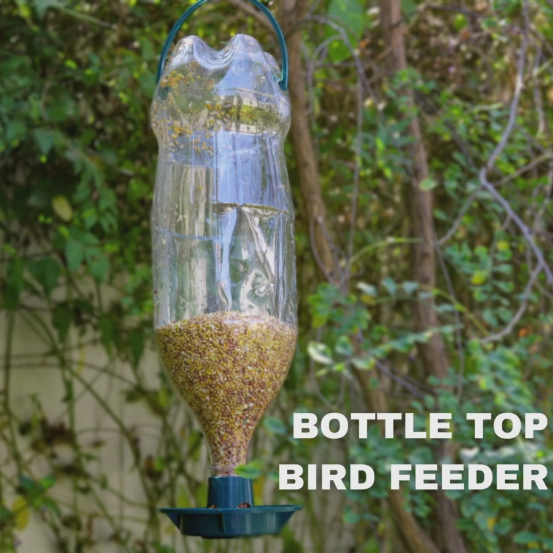 Recycled PVC bird feeder attachment for converting a 2L plastic bottle into a hanging DIY garden bird seed feeder