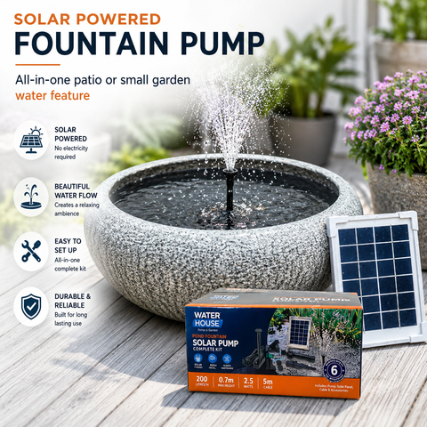 Solar-powered fountain pump with packaging and solar panel on a wooden surface.